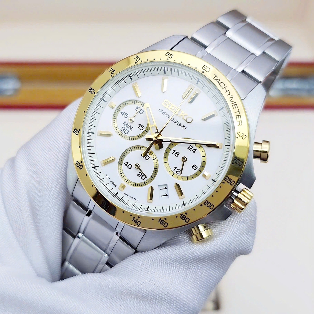 Đồng Hồ Nam Seiko Quartz Chronograph Tachymeter Spirit SBTR024 Dây Thép Demi Mặt Trắng