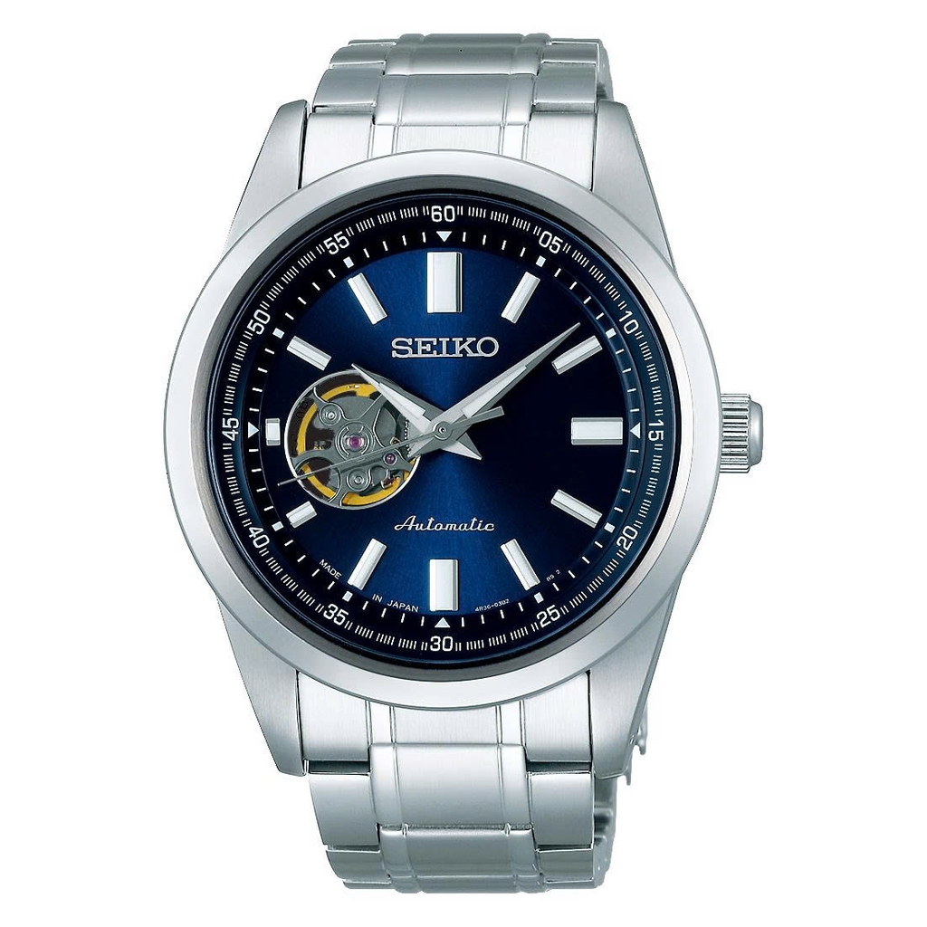Đồng Hồ Nam Seiko Automatic Open Heart SCVE051 Dây Thép Vỏ Trắng Mặt Xanh