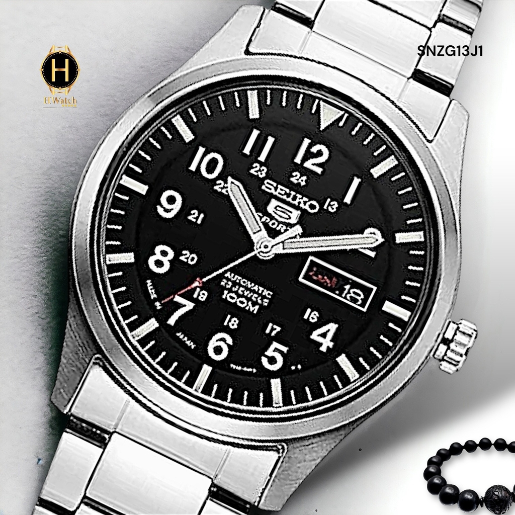 Đồng Hồ Nam Seiko 5 Automatic SNZG13J1 Sport Dây Thép Mặt Đen