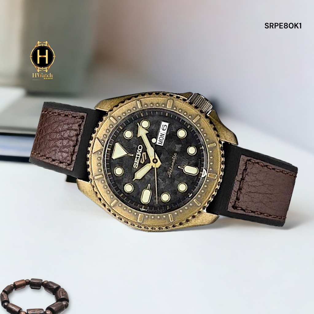 Đồng Hồ Nam Seiko 5 Automatic SRPE80K1 Sport Dây Silicon Nâu Mặt Đen