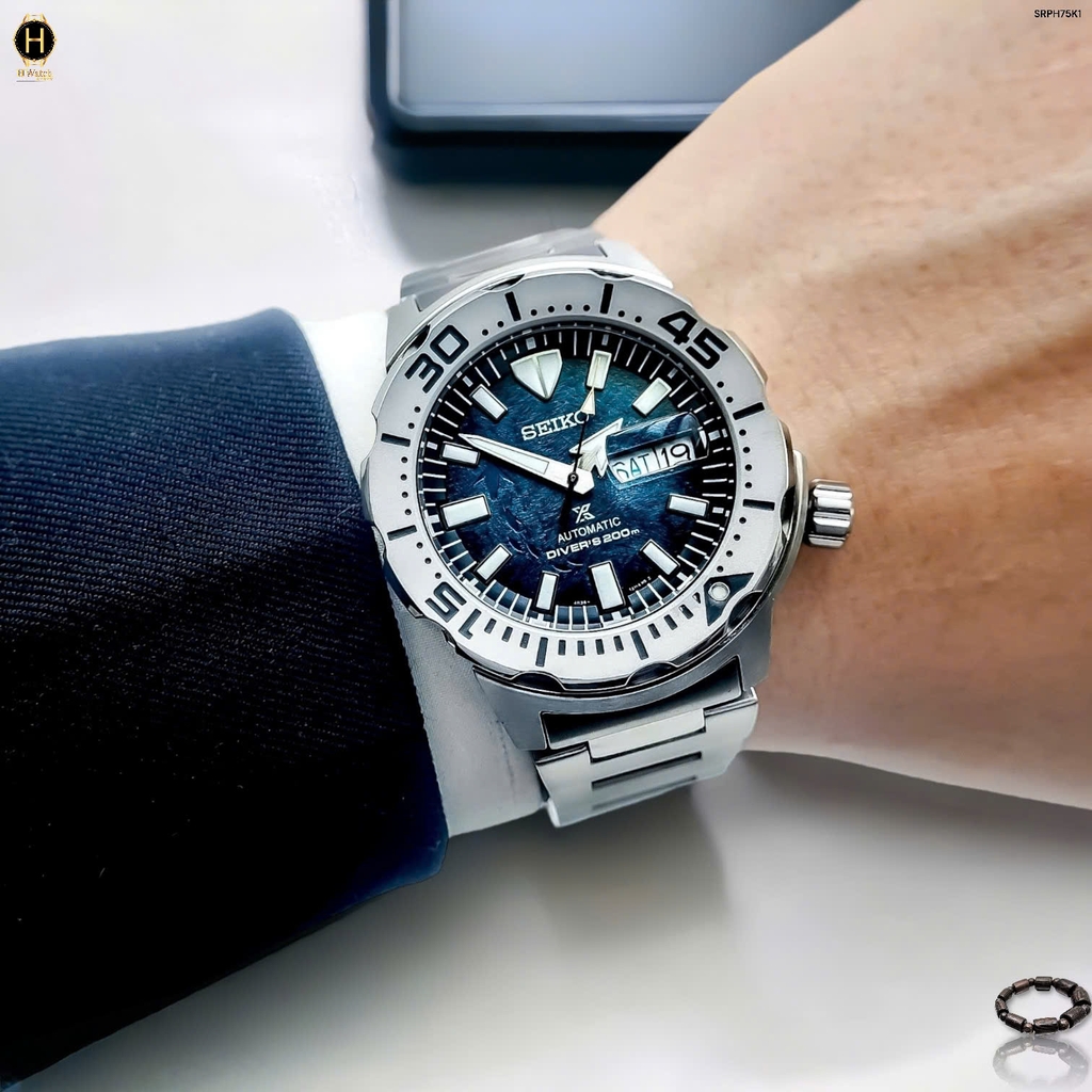 Đồng Hồ Nam Seiko Automatic Diver’s SRPH75K1 Dây Sắt Trắng Mặt Xanh