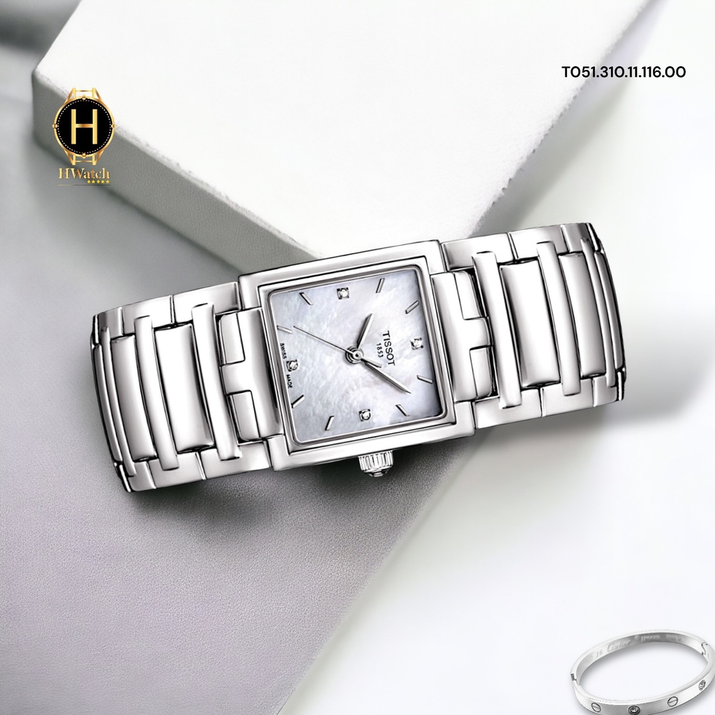Đồng Hồ Nữ Tissot Quartz T051.310.11.116.00 Vuông Diamond Dây Thép Mặt Trắng