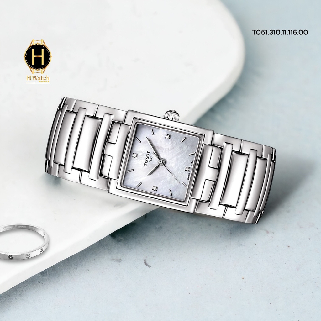 Đồng Hồ Nữ Tissot Quartz T051.310.11.116.00 Vuông Diamond Dây Thép Mặt Trắng