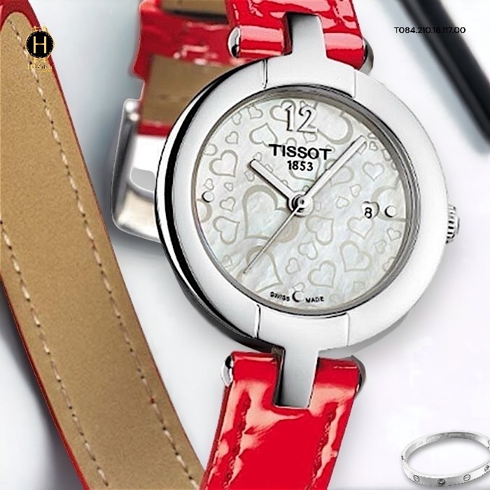 Đồng Hồ Nữ Tissot Quartz T084.210.16.117.00 Pinky Valentines Day Dây Da Đỏ Mặt Trắng Sapphire