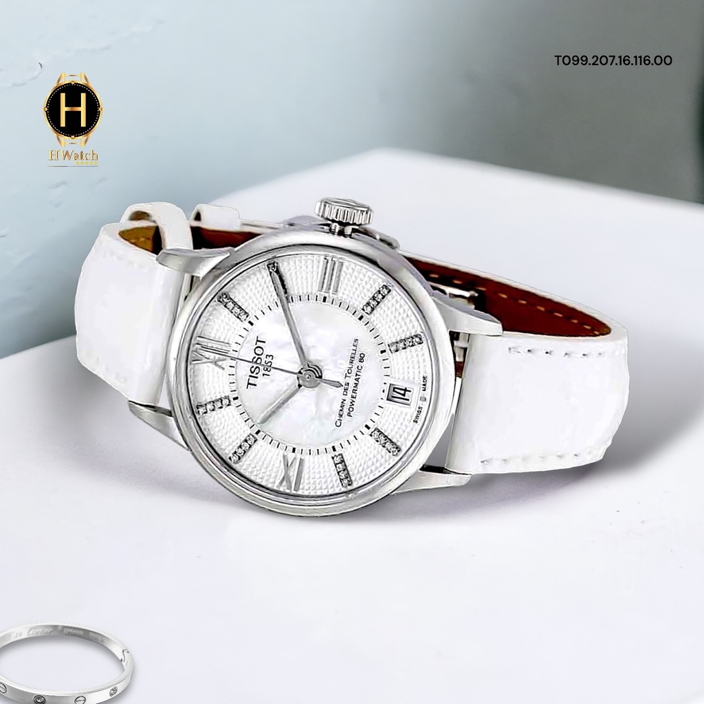 Đồng Hồ Nữ Tissot Automatic T099.207.16.116.00 Chemin Des Tourelles Diamond Dây Da Trắng Mặt Trắng