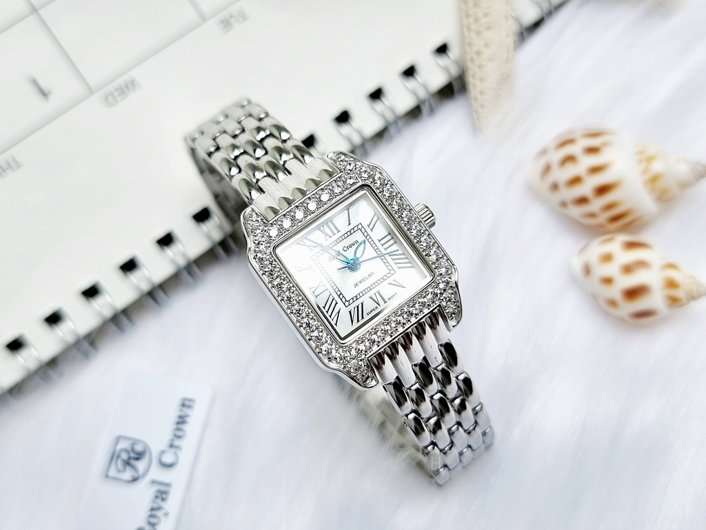 Đồng Hồ Nữ Royal Crown Quartz 6104 Full Trắng Dây Thép Nữ