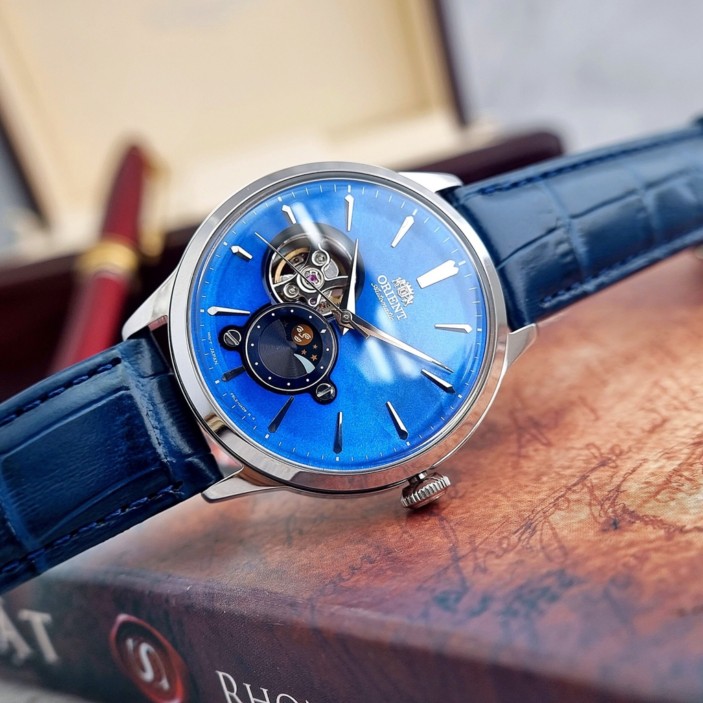 Đồng Hồ Nam Orient Automatic RA-AS0103A10B Sun & Moon Dây Da Mặt Xanh