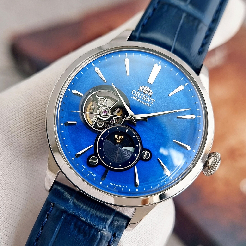 Đồng Hồ Nam Orient Automatic RA-AS0103A10B Sun & Moon Dây Da Mặt Xanh