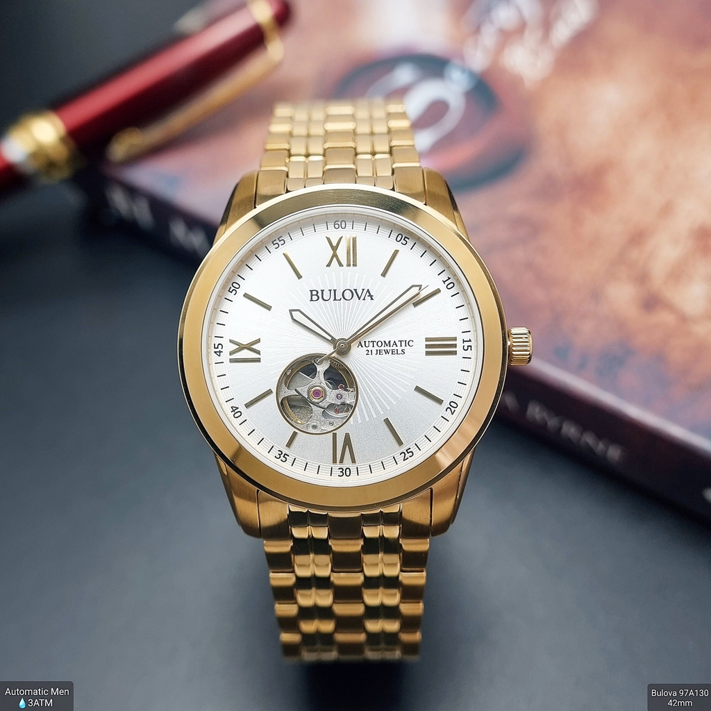 Đồng Hồ Nam Bulova 97A130 Automatic Dây Sắt Vàng Mặt Trắng