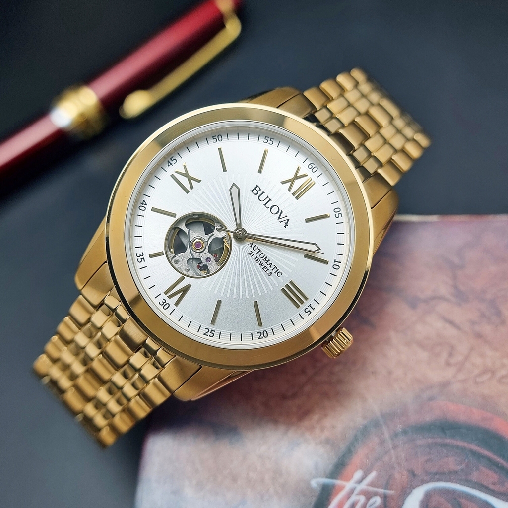 Đồng Hồ Nam Bulova 97A130 Automatic Dây Sắt Vàng Mặt Trắng