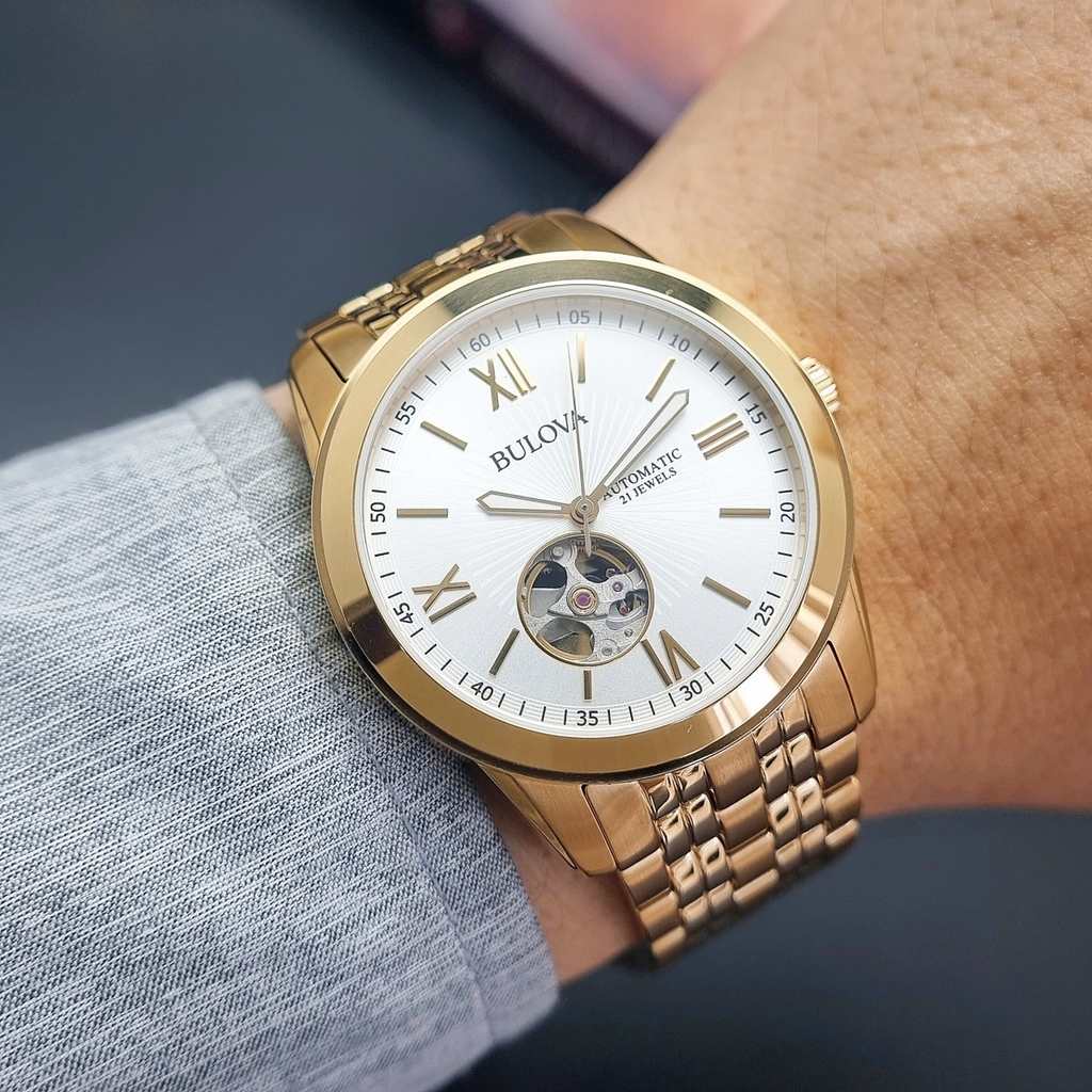 Đồng Hồ Nam Bulova 97A130 Automatic Dây Sắt Vàng Mặt Trắng