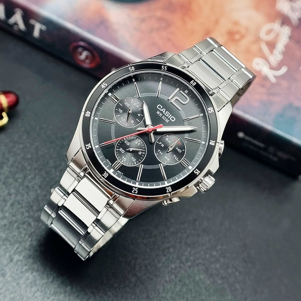 Đồng Hồ Nam Casio Pin MTP-1374D-1AVDF Dây Thép Bạc Mặt Đen