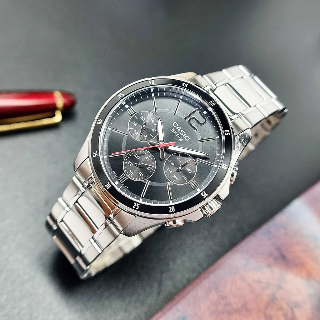 Đồng Hồ Nam Casio Pin MTP-1374D-1AVDF Dây Thép Bạc Mặt Đen