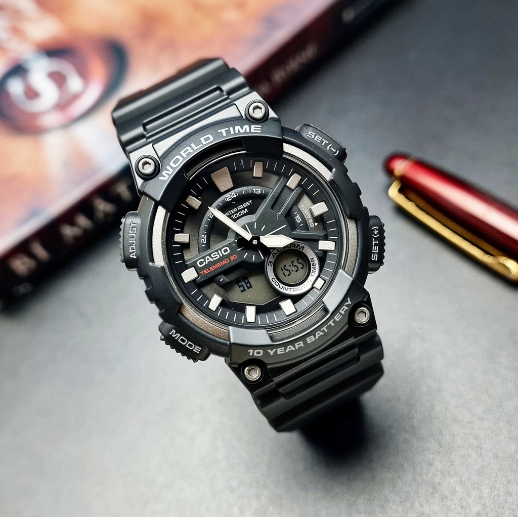Đồng Hồ Nam Casio Quartz Điện Tử World Time AEQ-110W-1BVDF Dây Nhựa Mặt Đen