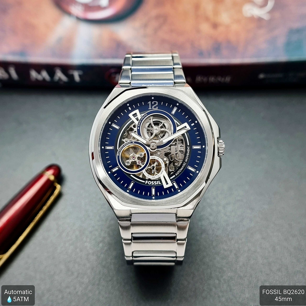 Đồng Hồ Nam Fossil Automatic BQ2620 Dây Sắt Vỏ Trắng Mặt Xanh