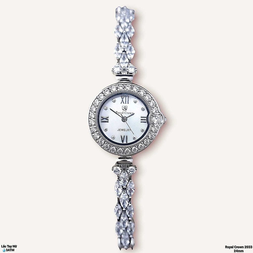 Đồng Hồ Nữ Royal Quartz 2033 Dây Thép Trắng Mặt Trắng Viền Đá