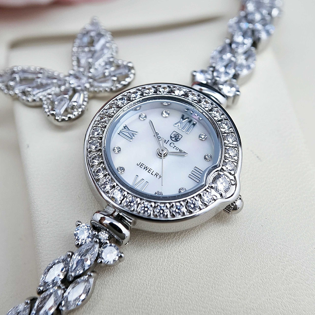 Đồng Hồ Nữ Royal Quartz 2033 Dây Thép Trắng Mặt Trắng Viền Đá