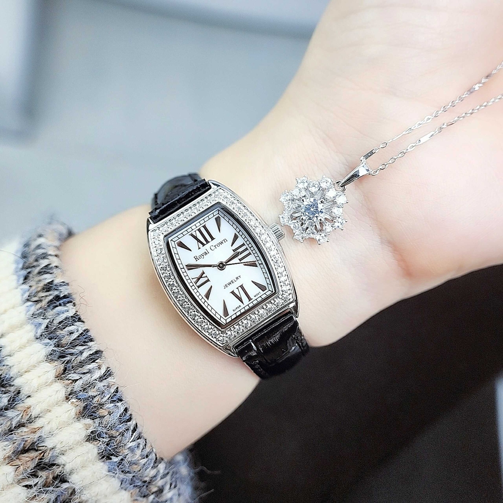 Đồng Hồ Nữ Royal Crown Quartz 3635 Vuông Dây Da Đen