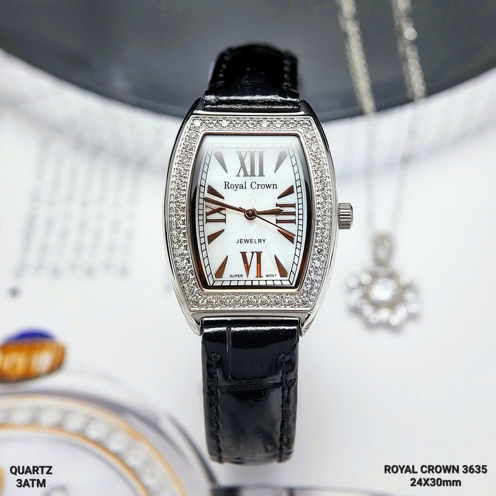 Đồng Hồ Nữ Royal Crown Quartz 3635 Vuông Dây Da Đen