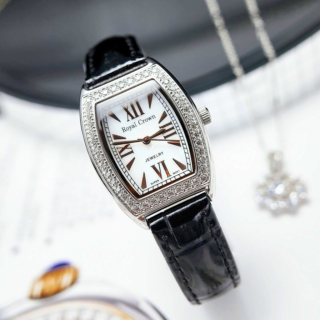 Đồng Hồ Nữ Royal Crown Quartz 3635 Vuông Dây Da Đen