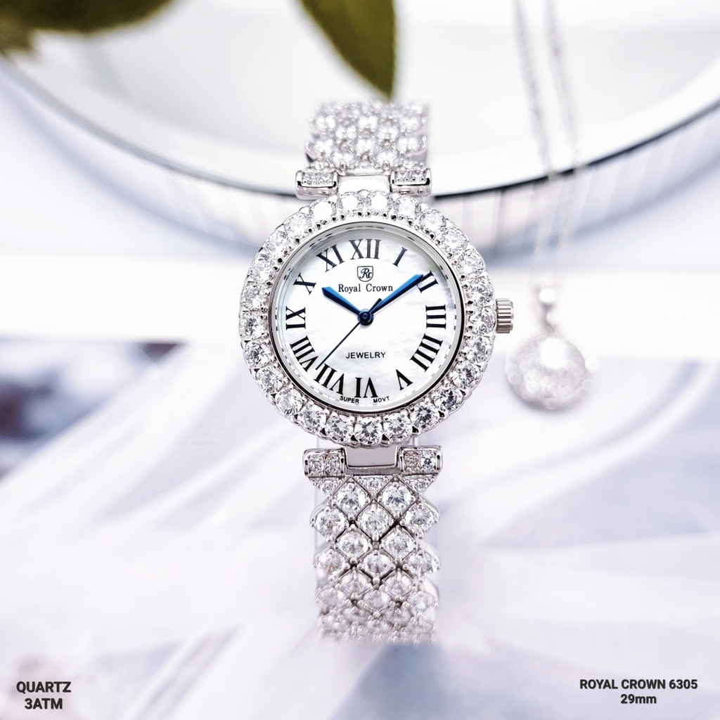 Đồng Hồ Nữ Royal Crown Quartz6305 Thép Trắng Cọc La Mã