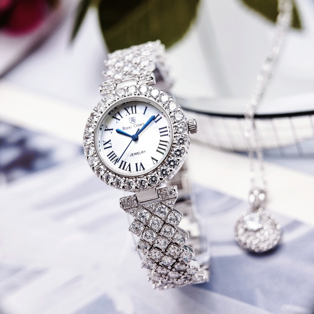 Đồng Hồ Nữ Royal Crown Quartz6305 Thép Trắng Cọc La Mã