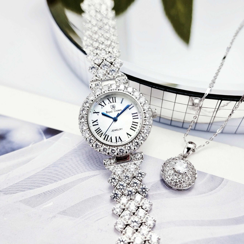 Đồng Hồ Nữ Royal Crown Quartz6305 Thép Trắng Cọc La Mã