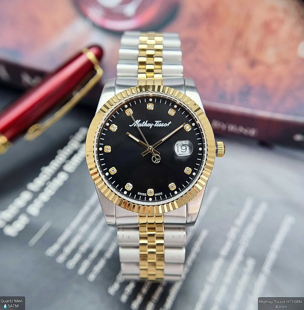 Đồng Hồ Nam Mathey Tissot Quartz H710BN Dây Sắt Demi Vàng Mặt Đen Diamond