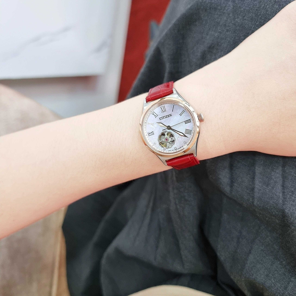 Đồng Hồ Nữ Citizen Automatic PC1008-11Y Da Đỏ Mặt Trắng Kính Sapphire