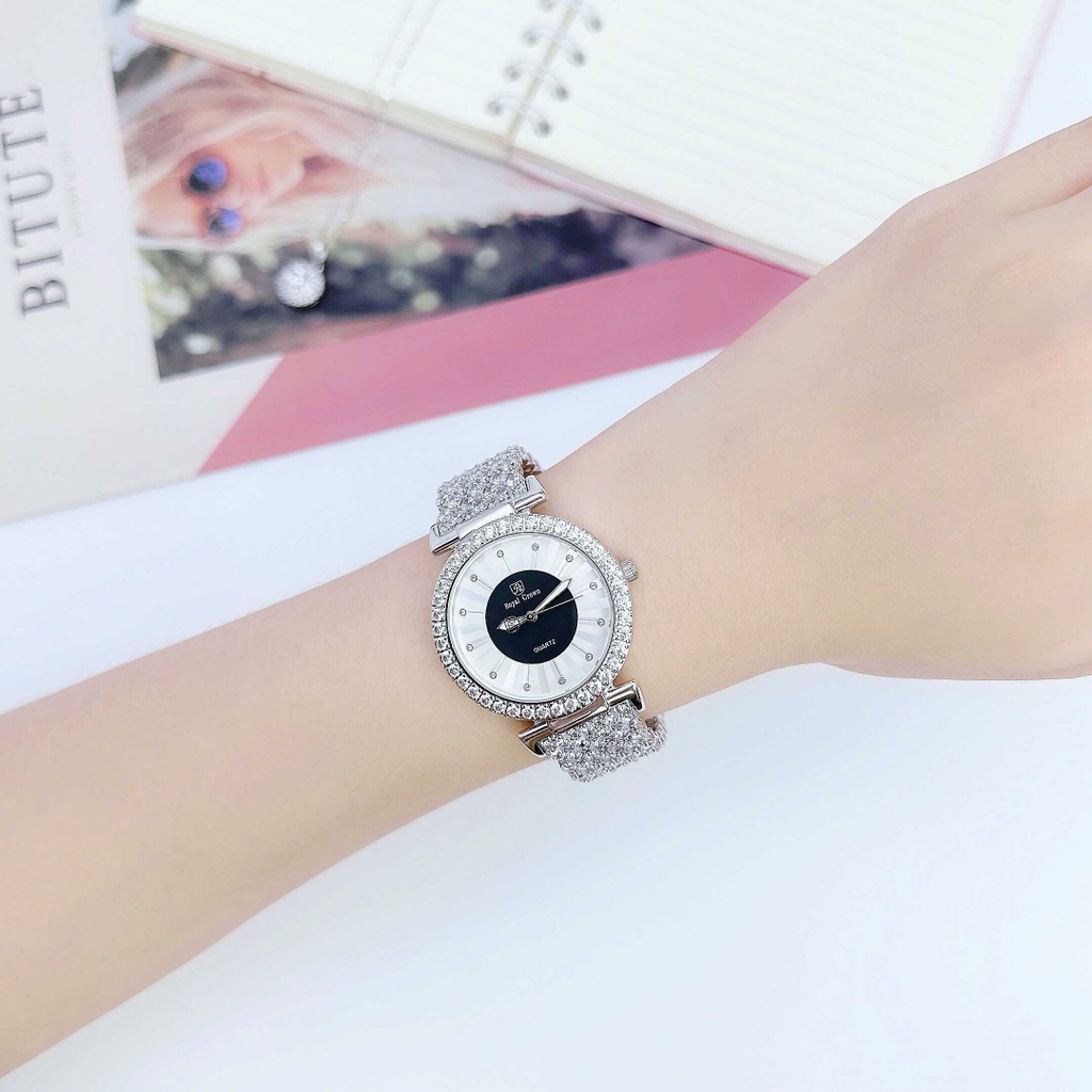 Đồng Hồ Nữ Royal Crown 4611P Dây Sắt Đính Full Đá