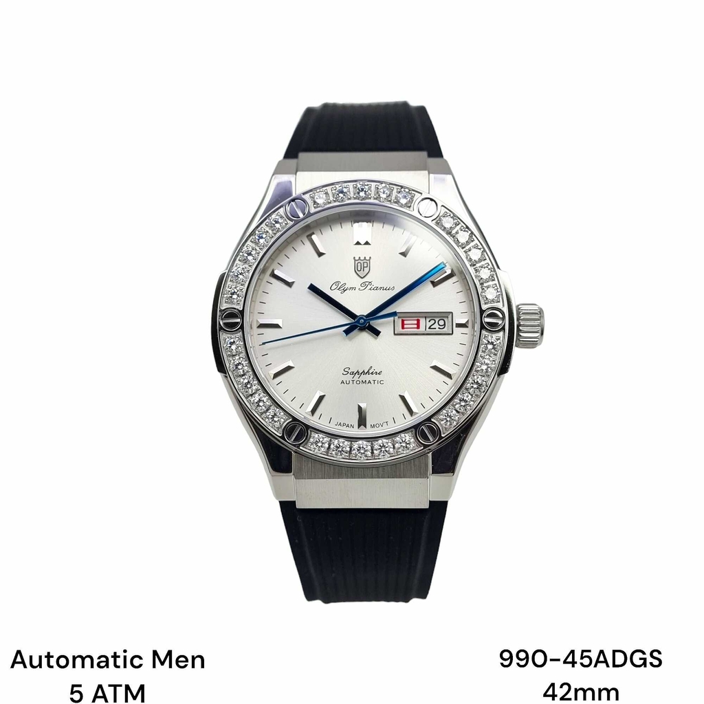 Đồng Hồ Nam Olym Pianus Automatic OP990-45ADGS-GL-T  Dây Casu Đen Mặt Trắng Sapphire