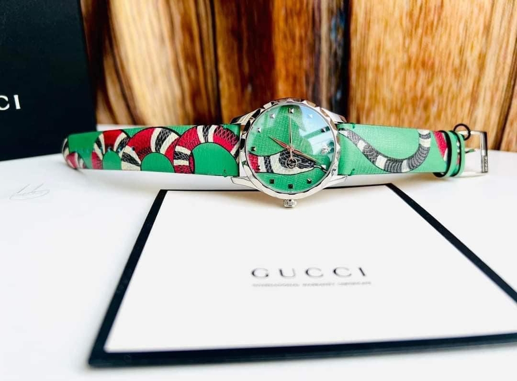 Đồng Hồ Unisex Gucci Quartz YA1264081 Dây Da Vỏ Trắng Mặt Xanh Lá