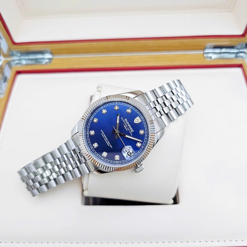 Đồng Hồ Cặp Sunrise Quartz 1255SA 2255SA Thép Trắng Blue ( Giá 1 Chiếc )