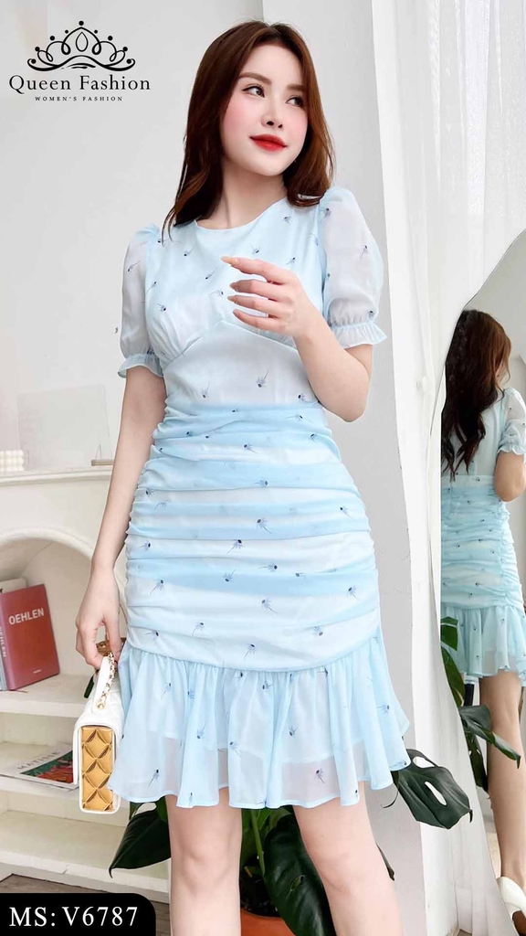 Đầm vải voan phối bèo màu xanh in hoa trắng - Bán sỉ thời trang mỹ phẩm
