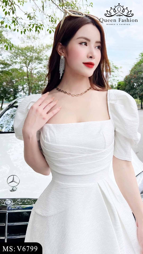 Váy trắng cổ vuông tay bồng ( dáng ngắn và dài) | Shopee Việt Nam