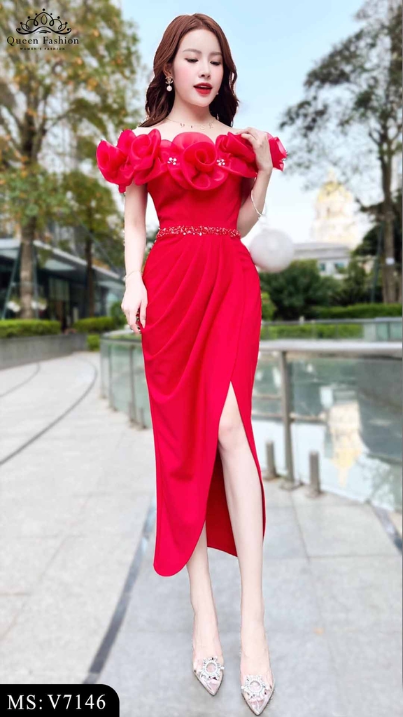Váy body đỏ trễ vai hoa dự tiệc V7146 | The Queen Fashion