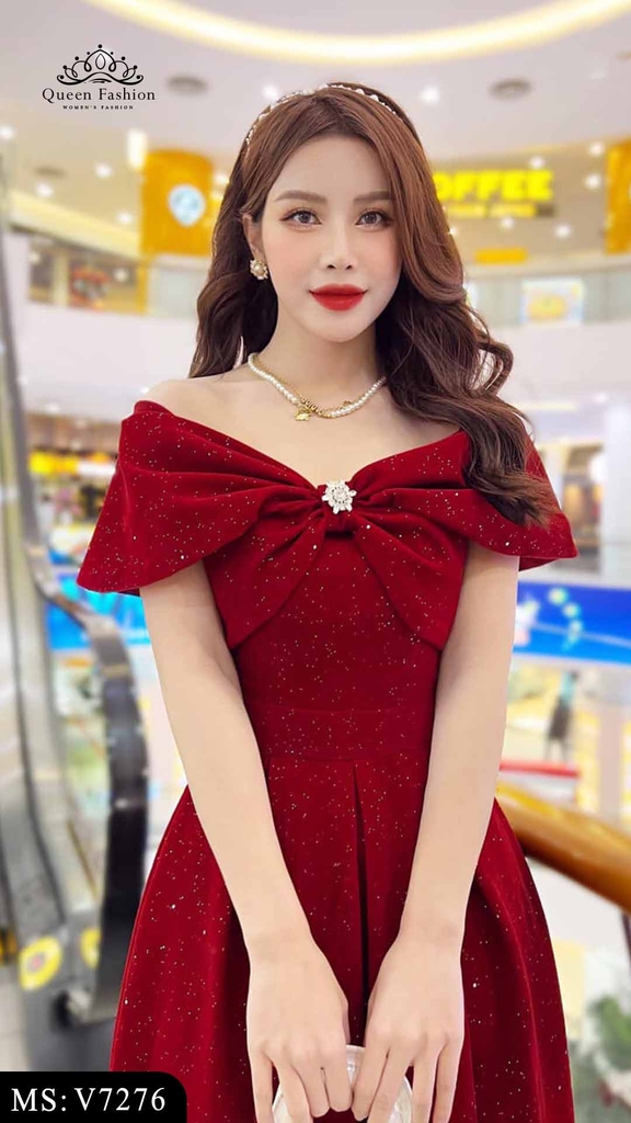 Váy nhung đỏ trễ vai kiểu nơ công chúa V7276 | The Queen Fashion