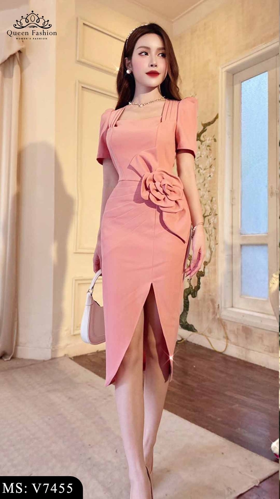Váy body hồng dự tiệc đính hoa thủ công 3D V7445 | The Queen Fashion
