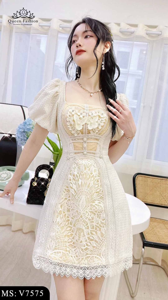 D1044280 Váy ren babydoll dáng dài tay bồng