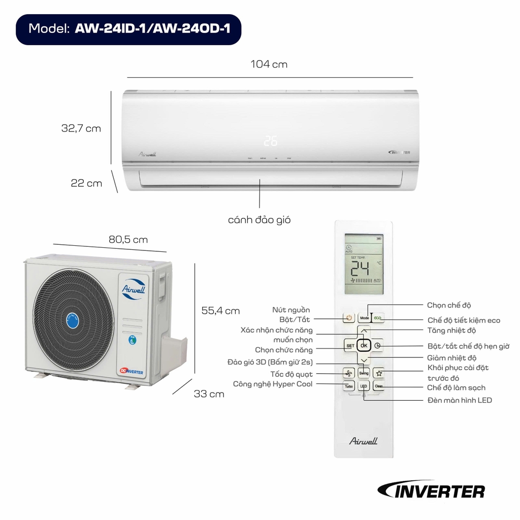 Máy lạnh Airwell Inverter 2.5 HP model AW-24ID-1/AW-24OD-1