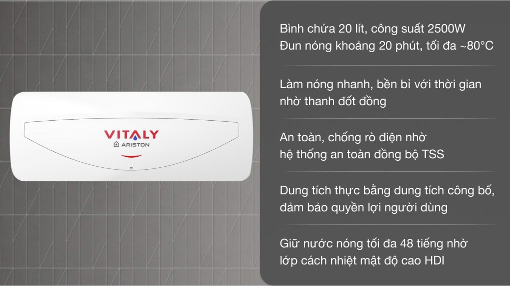 Máy nước nóng gián tiếp Ariston 20 lít 2500W VITALY 20 SLIM 2.5 FE