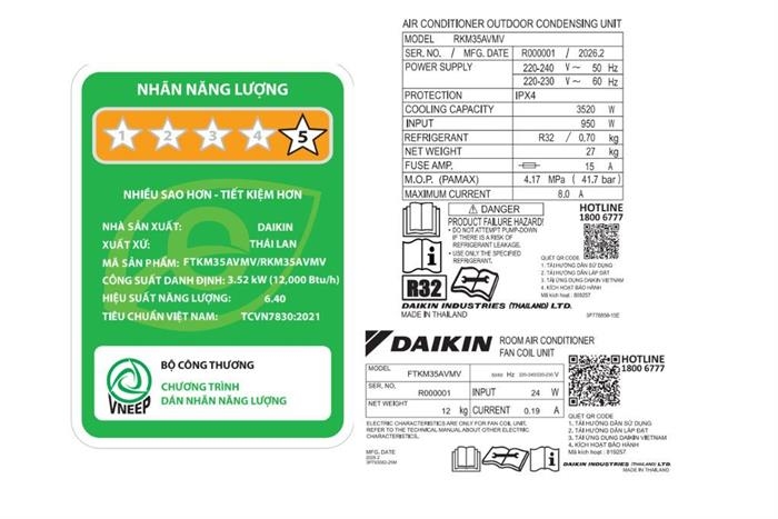 Máy lạnh Daikin Inverter 1.5 HP FTKM35AVMV Mẫu mới 2026 )