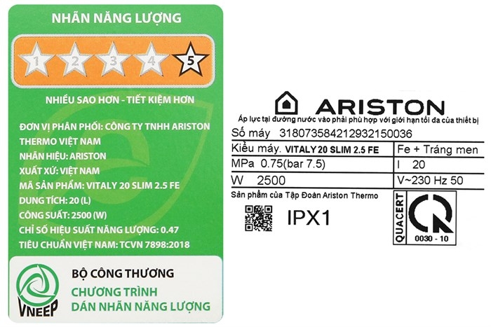 Máy nước nóng gián tiếp Ariston 20 lít 2500W VITALY 20 SLIM 2.5 FE