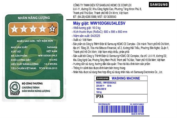 Máy giặt Samsung AI EcoBubble Inverter 10 kg WW10DG6U34LESV (Mẫu mới)