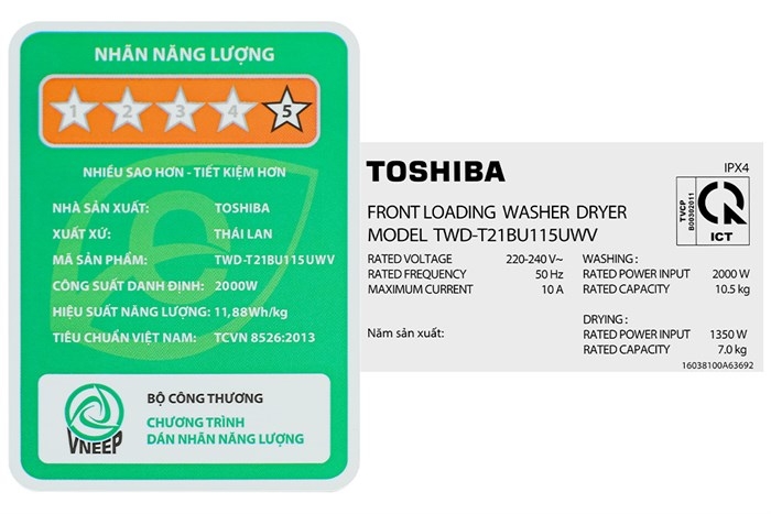 Máy giặt sấy Toshiba Inverter giặt 10.5 kg - sấy 7 kg TWD-T21BU115UWV (MG) Mẫu mới