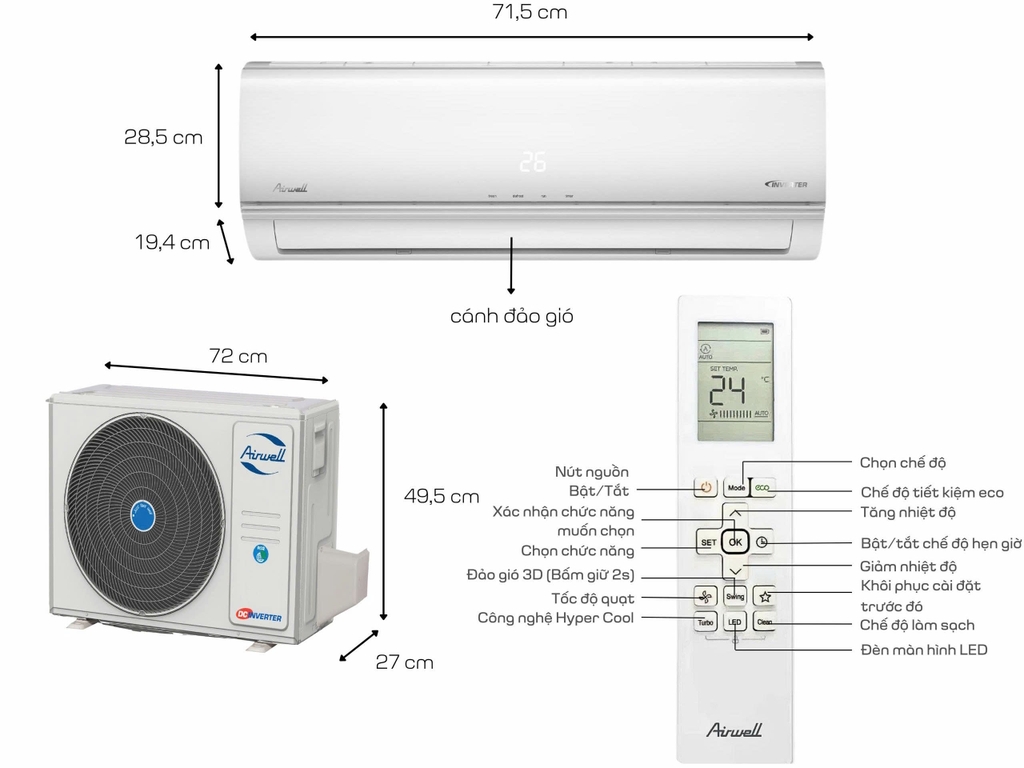 Máy lạnh Airwell Inverter 1HP AW-10ID-1/AW-10OD-1