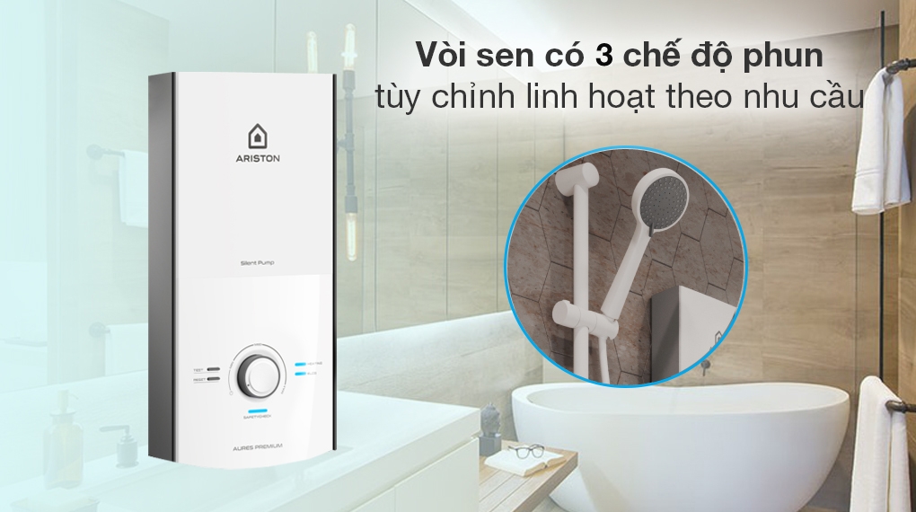Máy nước nóng trực tiếp Ariston AURES PREMIUM 4.5P IVORY (4500W-có bơm)