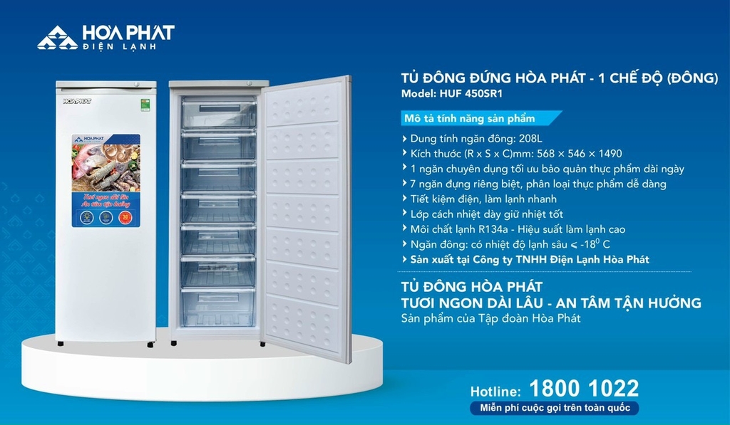 Tủ đông đứng Hòa Phát 208 Lít HCF 450SR1 (7 ngăn) giá rẻ  - chính hãng  - tại kho