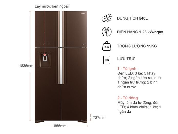 Tủ lạnh Hitachi Inverter 540 lít R-FW690PGV7X (GBW) màu nâu