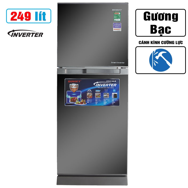 Tủ lạnh Sanaky Inverter 249 Lít VH-249KG kính cường lực màu gương bạc NEW